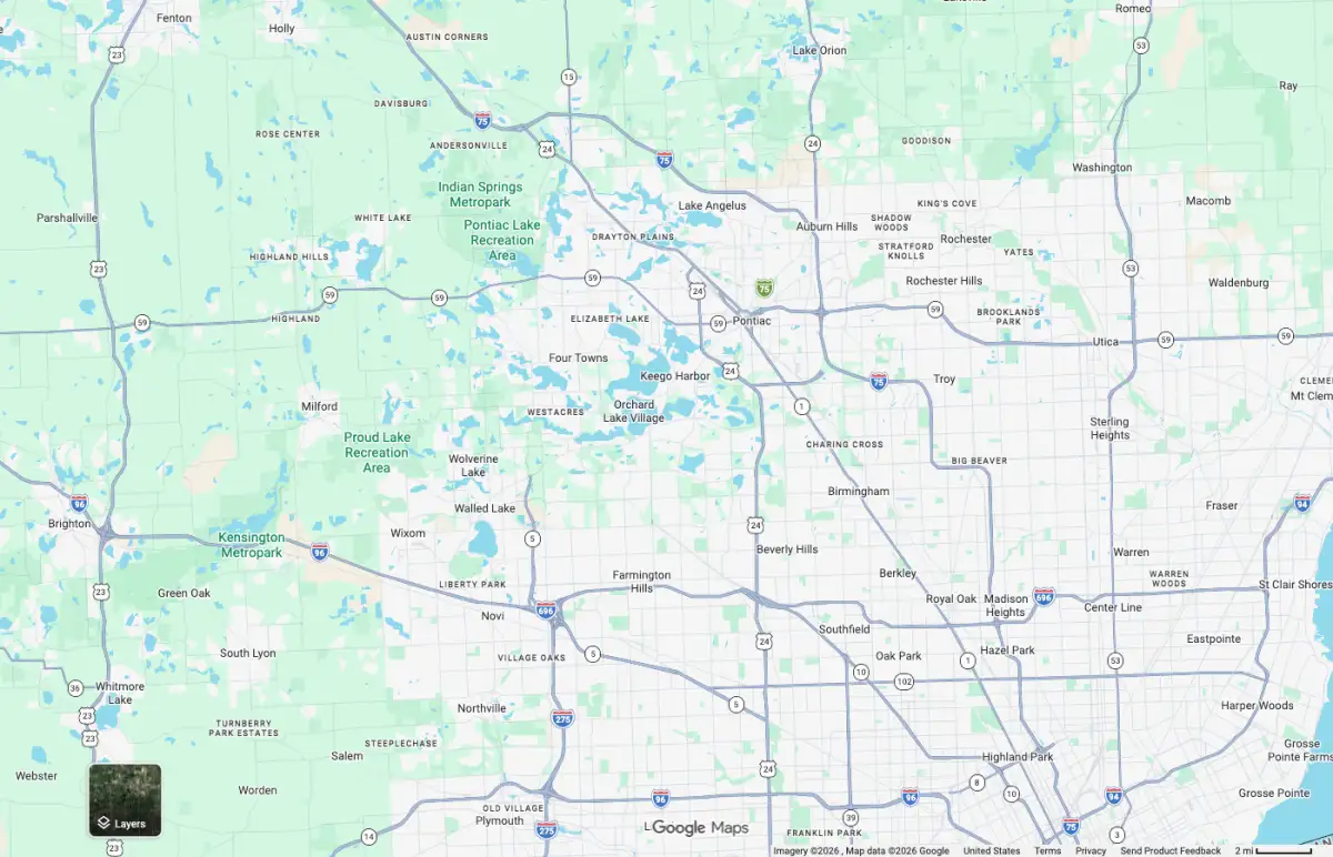 Earth Art Landscaping service area map covering Oakland County Michigan